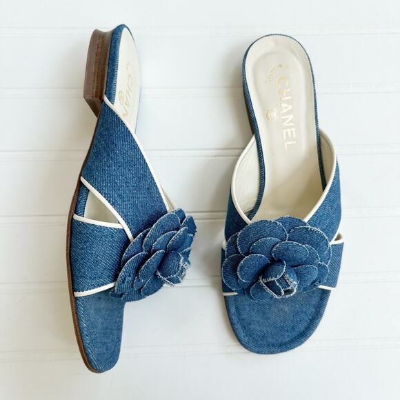 Chanel Blue Denim Camellia Flower Slip On Sandals Womens 37 - Picture 2 of 8